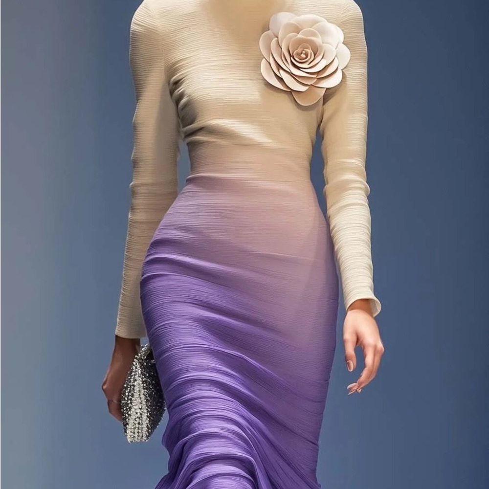 Chic Cream and Purple Long Sleeve Dress